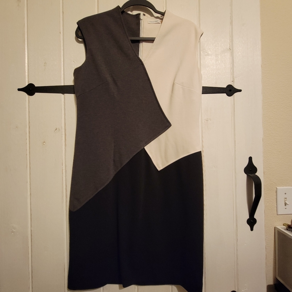 Calvin Klein Womens Dress Career Midi V-neck Black Gray Size 12